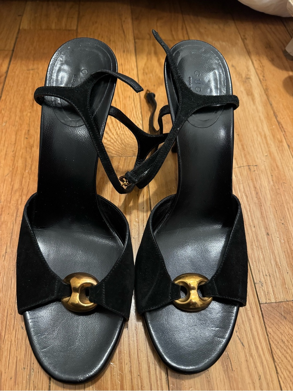 Gucci Black Suede Ankle-Strap Heels with Gold Hardware